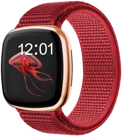 Strap-it nylon smartwatch bandje geschikt voor Fitbit Sense / Versa 3 (Rood) – ademend, lichtgewicht en verstelbaar – vervangende polsband voor Fitbit smartwatch