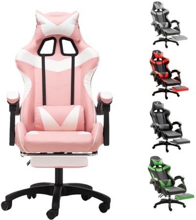 GOTAGEE Gamingstoel Bureaustoel Ergonomische Gamestoel Met Lendensteun un voetpedalen Hoogte en Ligfunctie Wit-Roze