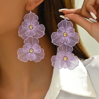 1 paire Boucles d'oreilles pendantes florales double couche à la mode avec un design exagéré, longues boucles d'oreilles florales pour femmes, adaptées pour le port quotidien violet