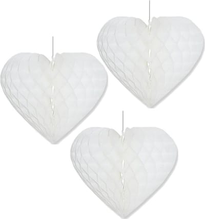 Bellatio Decorations Ophang hartjes - 3 stuks - papier - wit
