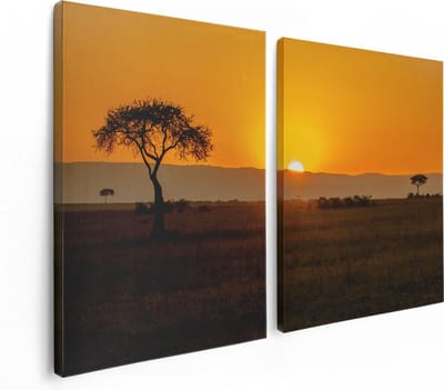 Artaza Canvas Schilderij Tweeluik Zonsopgang In De Savanne Met Een Boom - 120x80 - Foto Op Canvas - Canvas Print