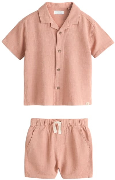 Next - Jongens - Set met overhemd met korte mouwen en reverskraag en korte broek - Bruin