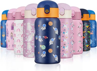 SnelShoppen - Kindervwaterfles 400 ml met Rietje, Geïsoleerde RVS Drinkbeker, Astronaut-Thema, BPA-Vrij, Herbruikbaar, Met Beschermhoes, Voor Jongens