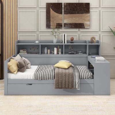 Wishdor Bedbank 90x200 cm - Met Bureau, Stopcontact & USB - Inclusief 2 Lades & Opbergvakken - Alles-in-één - Spaanplaat & MDF - Grijs