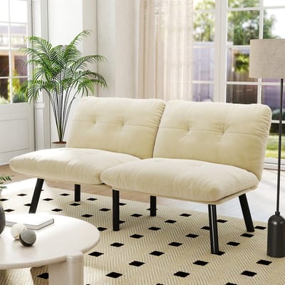 Wishdor Slaapbank - Opvouwbaar En Ruimtebesparend - Modern - Voor Compact Wonen - Metalen Frame En Fluwelen Bekleding - Crèmekleurig - 2-Zits
