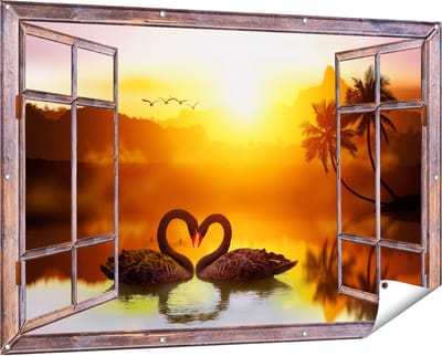 Gards Tuinposter Doorkijk Twee Zwarte Zwanen in een Hart Vorm - 150x100 cm - Tuindoek - Tuindecoratie - Wanddecoratie buiten - Tuinschilderij
