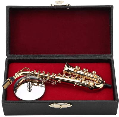 Allecto - Miniatuur Altsaxofoon - Decoratief Instrument - Goud - Mini Saxofoon - Perfect voor Woondecoratie - Inclusief Stand en Koffer