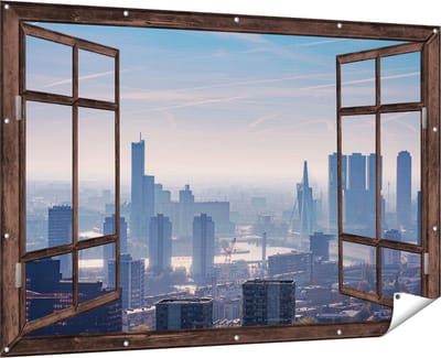 Gards Tuinposter Doorkijk Rotterdamse Skyline - 180x120 cm - Tuindoek - Tuindecoratie - Wanddecoratie buiten - Tuinschilderij