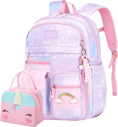 Ultiluxe® Schooltas en lunchtas voor kinderen - Paars/blauw/roze - 2 stuks - Hartjes rugzak voor meisjes - Eenhoorn schoolrugzak met sleutelhanger - 2-delige tassen set voor meiden - Rugtas met regenboog - Kleine unicorn tas