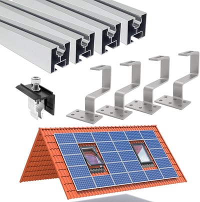 Montageset voor dakpanelen met dakhaken en fotovoltaïsche montagerail - geschikt voor baksteendaken