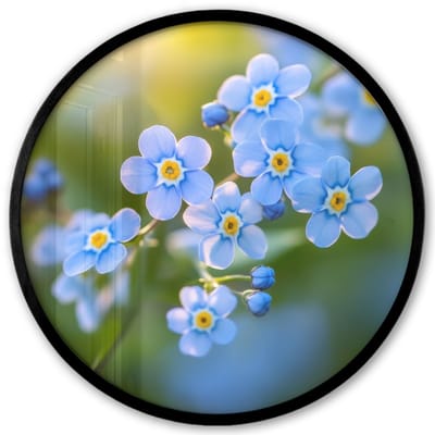 Poster in lijst Rond - Fotolijst 40x40 cm - Posters - Bloemetjes - Blauw - Vergeet mij nietjes - Ronde posterlijst zwart - Decoratie - Wanddecoratie woonkamer - Muurdecoratie slaapkamer