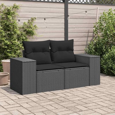 vidaXL - Tuinbank - met - kussens - 2-zits - zwart - poly - rattan