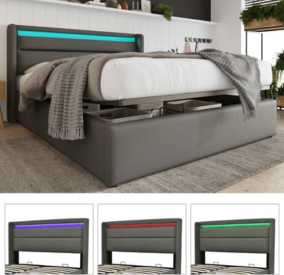 VVBV Gestoffeerd Opbergbed met Hydraulische Opbergruimte 140x200 cm - LED-Verlichting, Afstandsbediening - Grijs