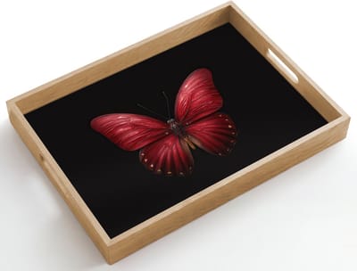 Dienblad hout 50x35 cm - Schootdienblad - Vlinder - Rood - Minimalistisch - Borrelplank rechthoek - Plateau dienbladen