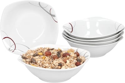 Set van 6 graankommen Palazzo 14,2cm - kleine kom gemaakt van wit porselein met decoratieve cirkels in grijs en donkerrood