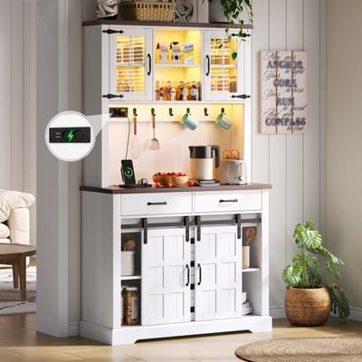 OKWISH Keukenkast - Met Werkblad En Ledverlichting - 180×108×40 Cm - 6 Lades En Verstelbare Planken - Met Stopcontacten - MDF Wit
