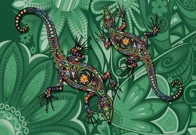 Fotobehang Lizards Flowers Abstract Colours | XL - 208cm x 146cm | 130g/m2 Vlies
