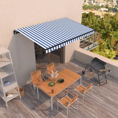 vidaXL - Luifel - handmatig - uittrekbaar - 400x350 - cm - blauw - en - wit