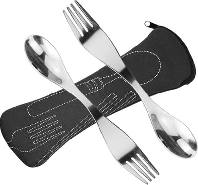 Pack van 2 draagbare roestvrijstalen sporks camping bestek lepel vork - zwart