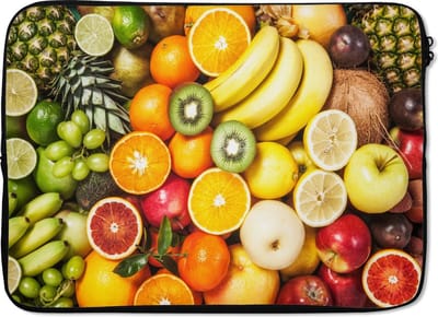 Laptophoes 13 inch - Kiwi - Banaan - Fruit - Laptop sleeve - Binnenmaat 32x22,5 cm - Zwarte achterkant