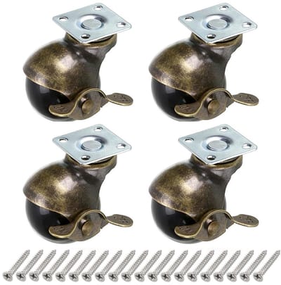 Set van 4 Antieke Meubelwielen met Remmen, 40mm Ball Casters voor Kasten en Tafels, Draagvermogen 22.7 kg per Wiel