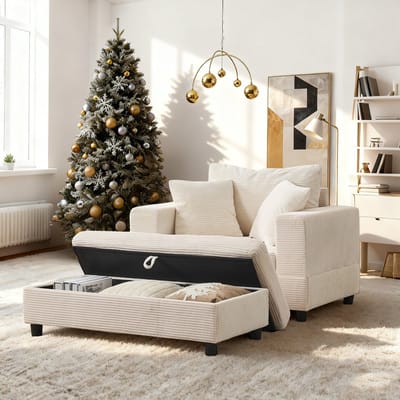 MIVRAY Chaise Longue Beige - Met Voetenbank En Opbergruimte - Voor Woonkamer En Slaapkamer - Metaal En Hout