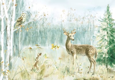 Fotobehang - Dieren - Bos - Bomen - Hert - Groen - Landschap - Vliesbehang- 254x184cm (lxb)