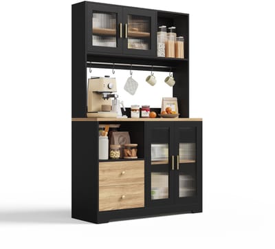 Keukenkast met LED - Vitrinekast met gehard glas en wijnrek - Zwarte keukenkast met houtlook - Voor keuken en eetkamer - 110x40x178 cm