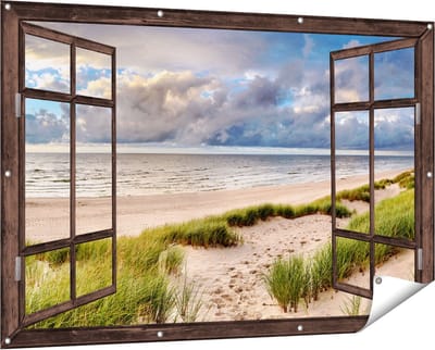 Gards Tuinposter Doorkijk Strand en Duinen met Bewolking - 150x100 cm - Tuindoek - Tuindecoratie - Wanddecoratie buiten - Tuinschilderij