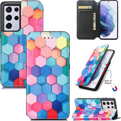 Luxe PU Lederen Wallet Case met Magneetsluiting voor Galaxy S21 Ultra 5G _ kleurrijke Honingraat