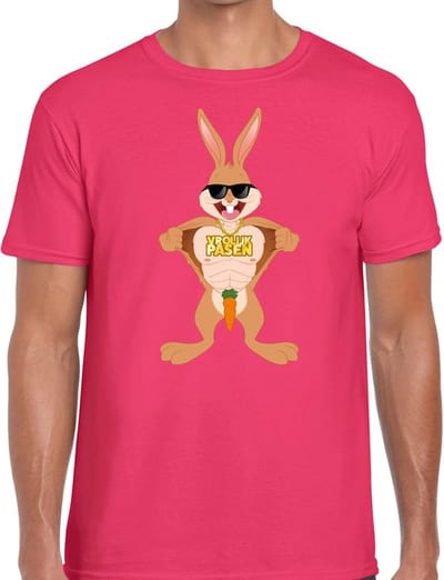 Paas thema t-shirt - Pasen - stoere paashaas - shirt voor heren - roze - Pasen funny homor kleding M