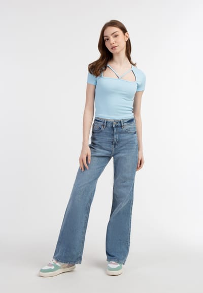 Mymo Ribgebreid T-shirt Dames lichtblauw