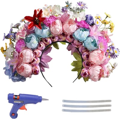 Bloemen Kroon Hoofdband - Bloemen Haar Hoepel - Feestelijke Aankleding - Realistische Details - 30x25 cm - Multicolor