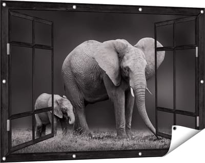 Gards Tuinposter Doorkijk Olifant Moeder en Zoon - Zwart Wit - 120x80 cm - Tuindoek - Tuindecoratie - Wanddecoratie buiten - Tuinschilderij