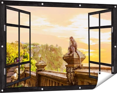 Gards Tuinposter Doorkijk Aap op de Uluwatu Tempel in Bali - 120x80 cm - Tuindoek - Tuindecoratie - Wanddecoratie buiten - Tuinschilderij