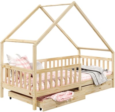 ALVA-bed in huisvorm, 90 x 200 cm, van massief grenenhout met lades - naturel