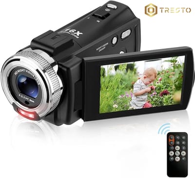 TRESTO - Handycam Camcorder - 12V Videocamera Full HD - CMOS Beeldsensor - Nachtzicht - 16x Digitale Zoom - Gezichtsfocus - Vlog camera - Met Afstandsbediening - Zwart