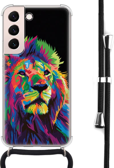 Hoesje met koord - Geschikt voor Samsung Galaxy S22 - Leeuw pop art - Verstelbaar zwart koord - Crossbody - Print / Illustratie - Zwart, Transparant, Multi - Leuke Telefoonhoesjes