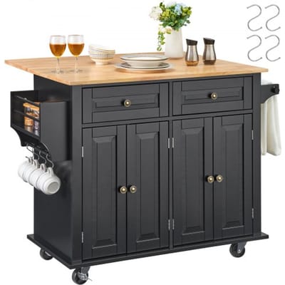 VEVOR Keukeneilandwagen, 110 cm mobiele wagen met houten blad en opbergkast, roltafel met opklapbaar blad, kruidenrek, handdoekhouder, verstelbare plank, lade en haken, draagbare eilanden oprolbaar