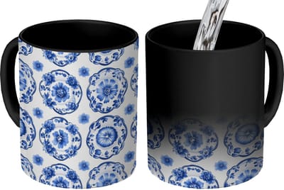 Magische Mok - Foto op Warmte Mokken - Koffiemok - Sierborden - Bloemen - Blauw - Magic Mok - Beker - 350 ML - Theemok