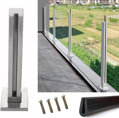 Glazen Leuningsysteem - Glazen Hek Paal - Balkon Afscherming - Vierkante Paal - 95 cm - Zilver