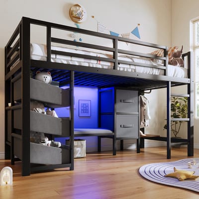 YEHTOKHOME Halfhoog bed 90x200 cm, met Zitkussen, Opberglade & opbergzak met stoffen bekleding, Meerkleurige ledverlichting, Metaal, Zonder matras, Zwart
