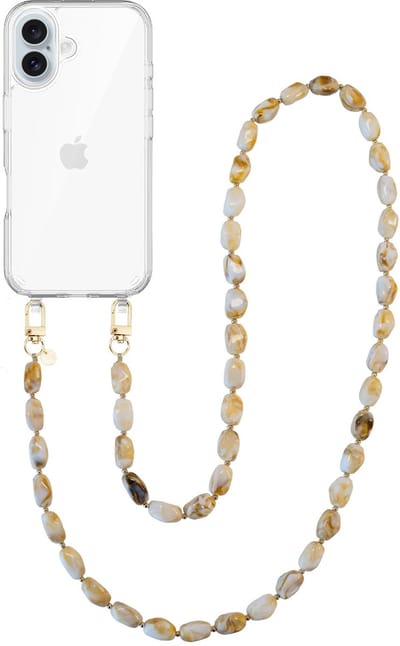 xoxo Wildhearts telefoonhoesje geschikt voor iPhone 16 - Moonlight (lang koord) - siliconen hoesje met koord - Backcover met telefoonkoord - Telefoonhanger stenen ketting - Beige / Wit