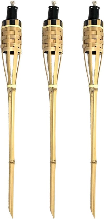 Bamboefakkels 3 stuks - Tuinfakkel olielamp - Tuinverlichting decoratie - Herbruikbaar metalen reservoir - 90 cm - Natuurlijk