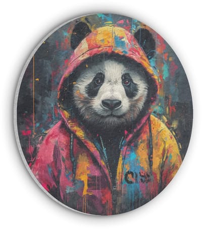 Akoestisch wandpaneel rond 30x30 cm - Vilt schilderij Graffiti - Panda - Jas - Kleurrijk - Street art - Ronde akoestische panelen - Geluidsdempende wanddecoratie - Geluidsisolatie wandcirkel - Muurdecoratie geluidspanelen