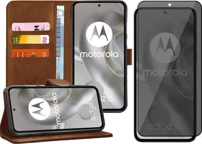 Hoesje geschikt voor Motorola Edge 30 Neo - Privacy Screenprotector Volledig Dekkend Glas - Portemonnee Book Case Bruin