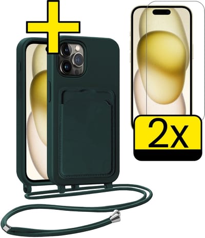 Hoesje Geschikt voor iPhone 14 Pro Telefoonhoesje Met Koord Case Pashouder Met 2x Screenprotector Siliconen - Hoes Geschikt voor iPhone 14 Pro Hoesje Met Kaarthouder - Donkergroen