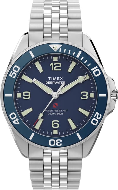 Timex Deepwater Arctic Quartz Analoog Horloge Zilverkleurig En Blauw Kast Gemaakt Van 100% Roestvrij Staal En Een Armband Van 100% Roestvrij Staal 40.5 mm TW2Y64500AJ, TW2Y64600AJ, TW2Y64700AJ