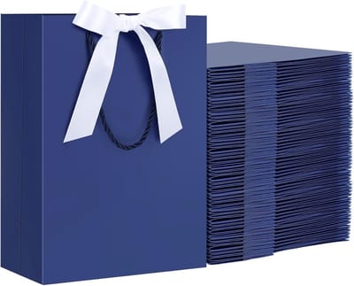 Gift Bags met Lint Donkerblauw - 50 Stuks 230GSM Papieren Tassen met Handvat - 20x10x28cm Medium M Cadeautassen voor Verjaardag en Feestjes