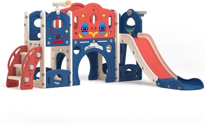 Kinder Glijbaan Speelset - Buitenspeelgoed Combinatie - Actief Binnen Spelen - 9-in-1 Multifunctioneel - 196 x 160 x 93 cm